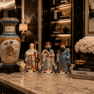 Vintage Chinese Hand-Painted Porcelain Figurines Representing The Sanxing Deities, Not Cased in Red Velvet.