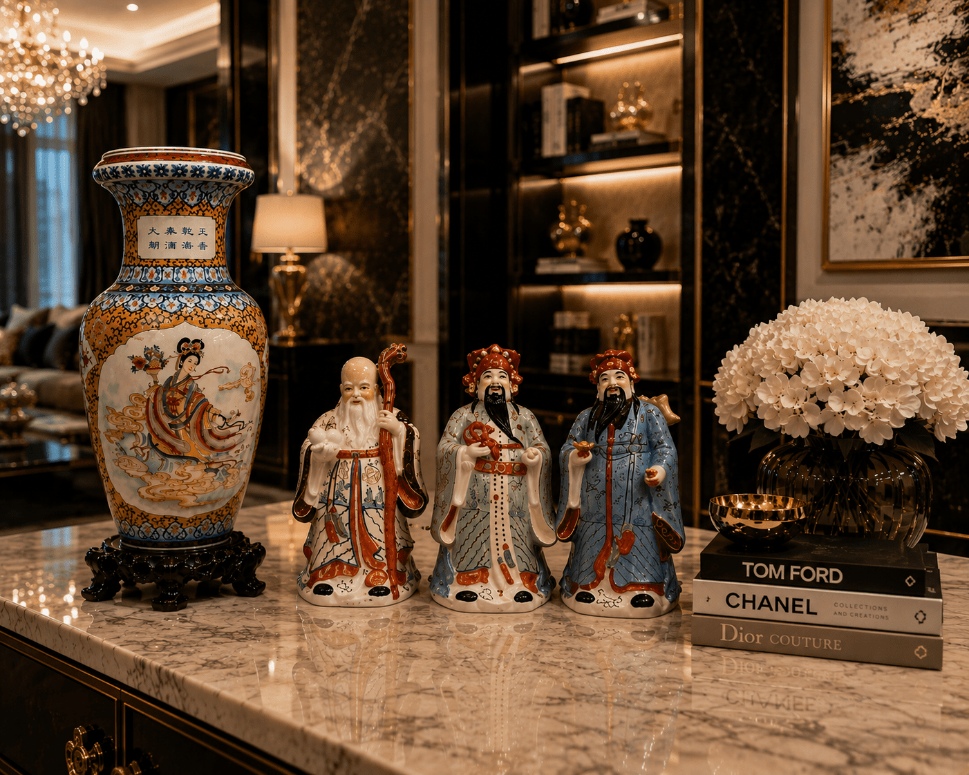 Vintage Chinese Hand-Painted Porcelain Figurines Representing The Sanxing Deities, Not Cased in Red Velvet.