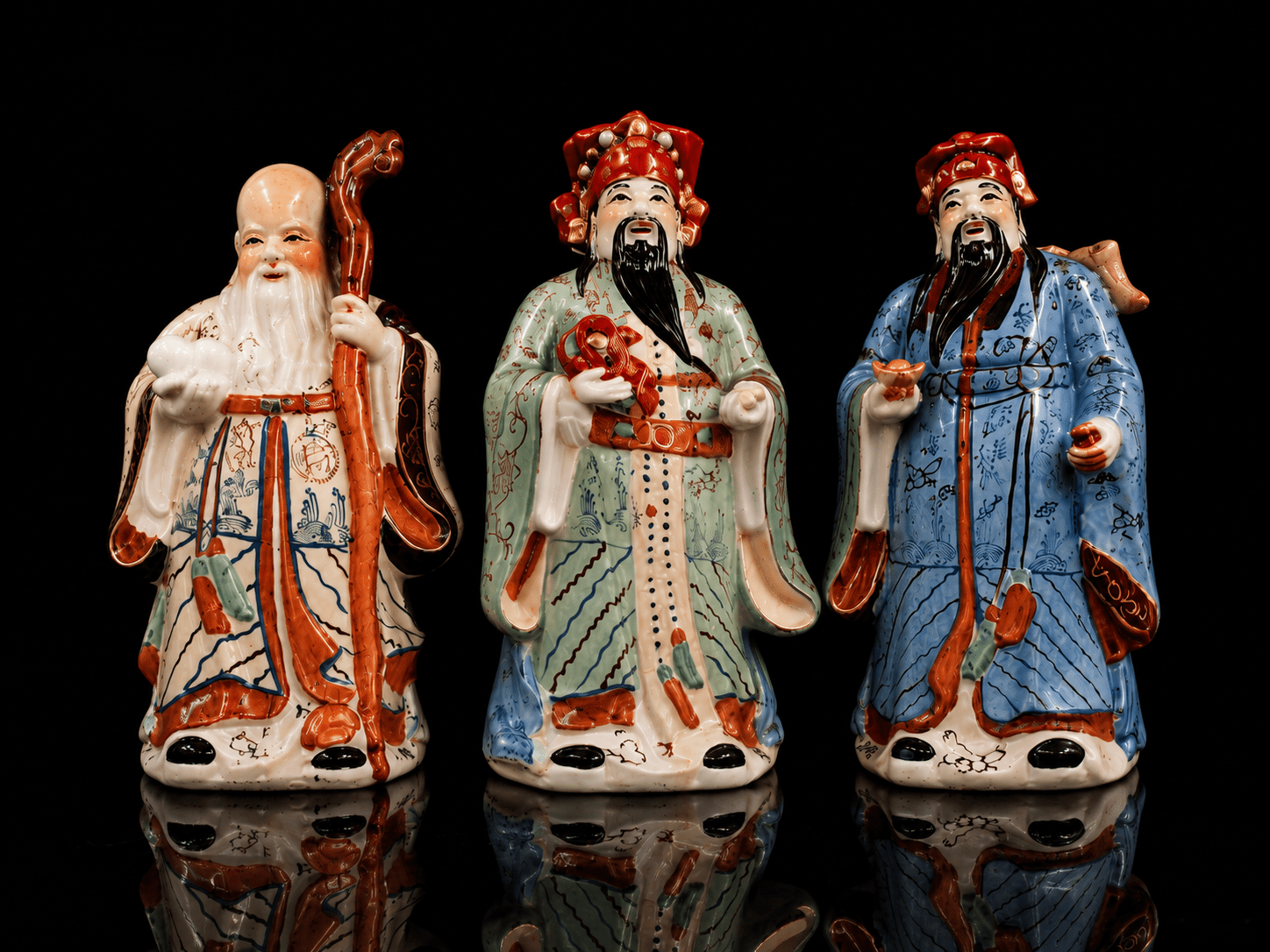 Vintage Chinese Hand-Painted Porcelain Figurines Representing The Sanxing Deities, Not Cased in Red Velvet. - Image 7