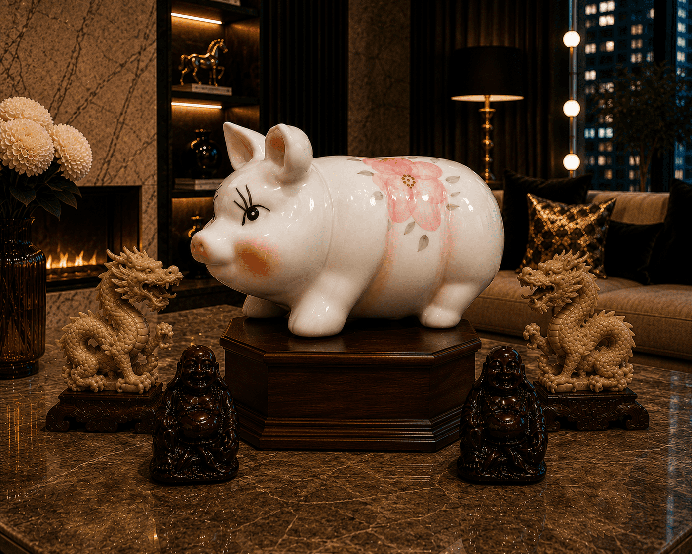 Vintage Ceramic Piggy Bank With Pink Flowers & Gold Trim - Image 6