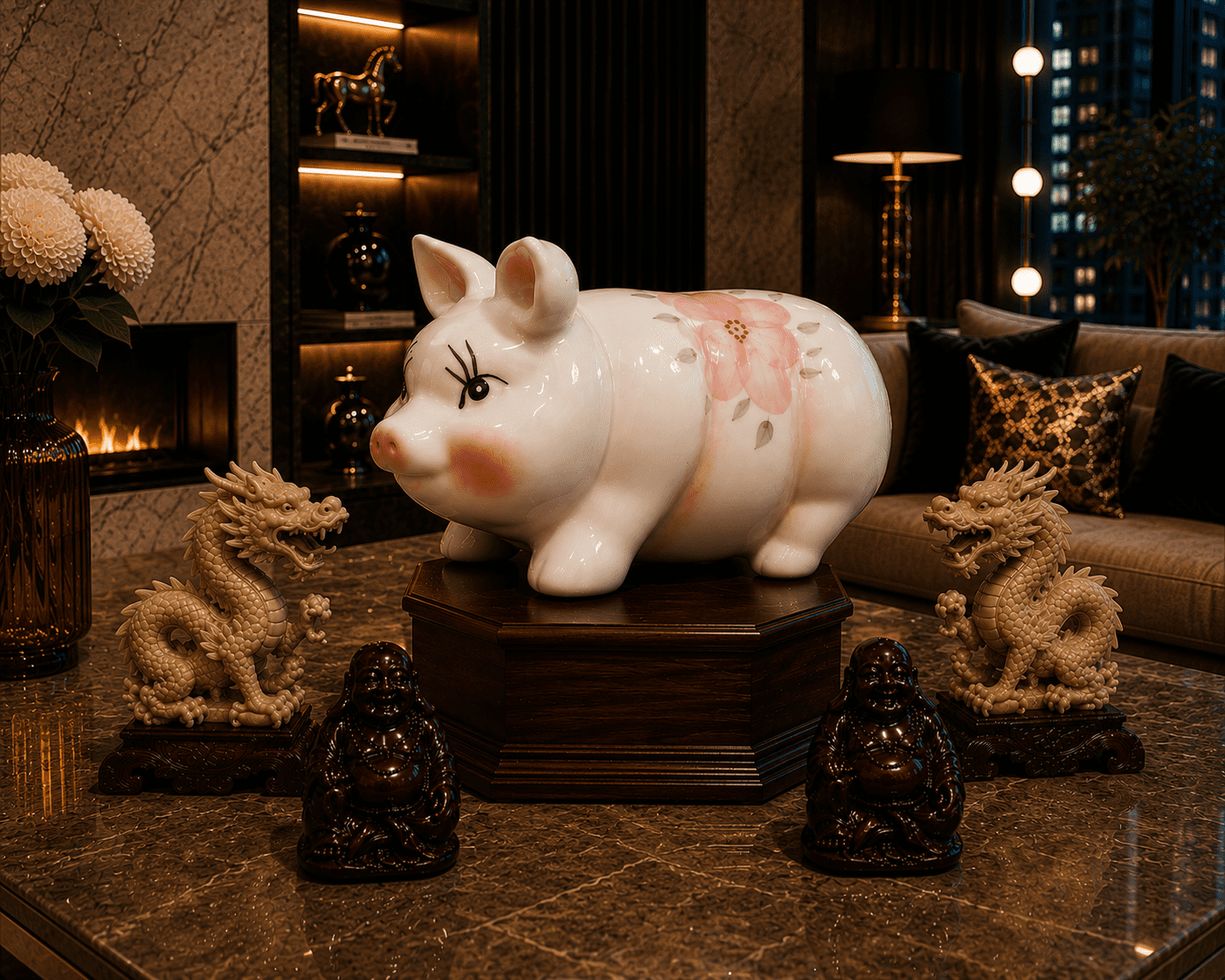 Vintage Ceramic Piggy Bank With Pink Flowers & Gold Trim - Image 5