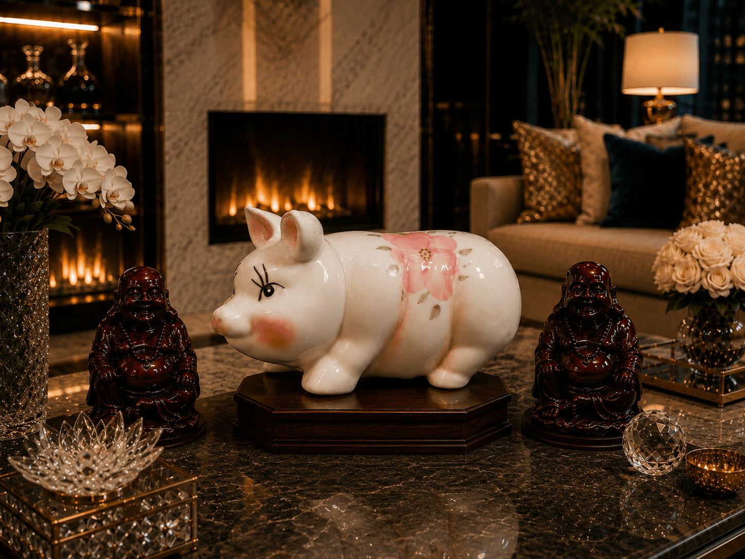 Vintage Ceramic Piggy Bank With Pink Flowers & Gold Trim - Image 4