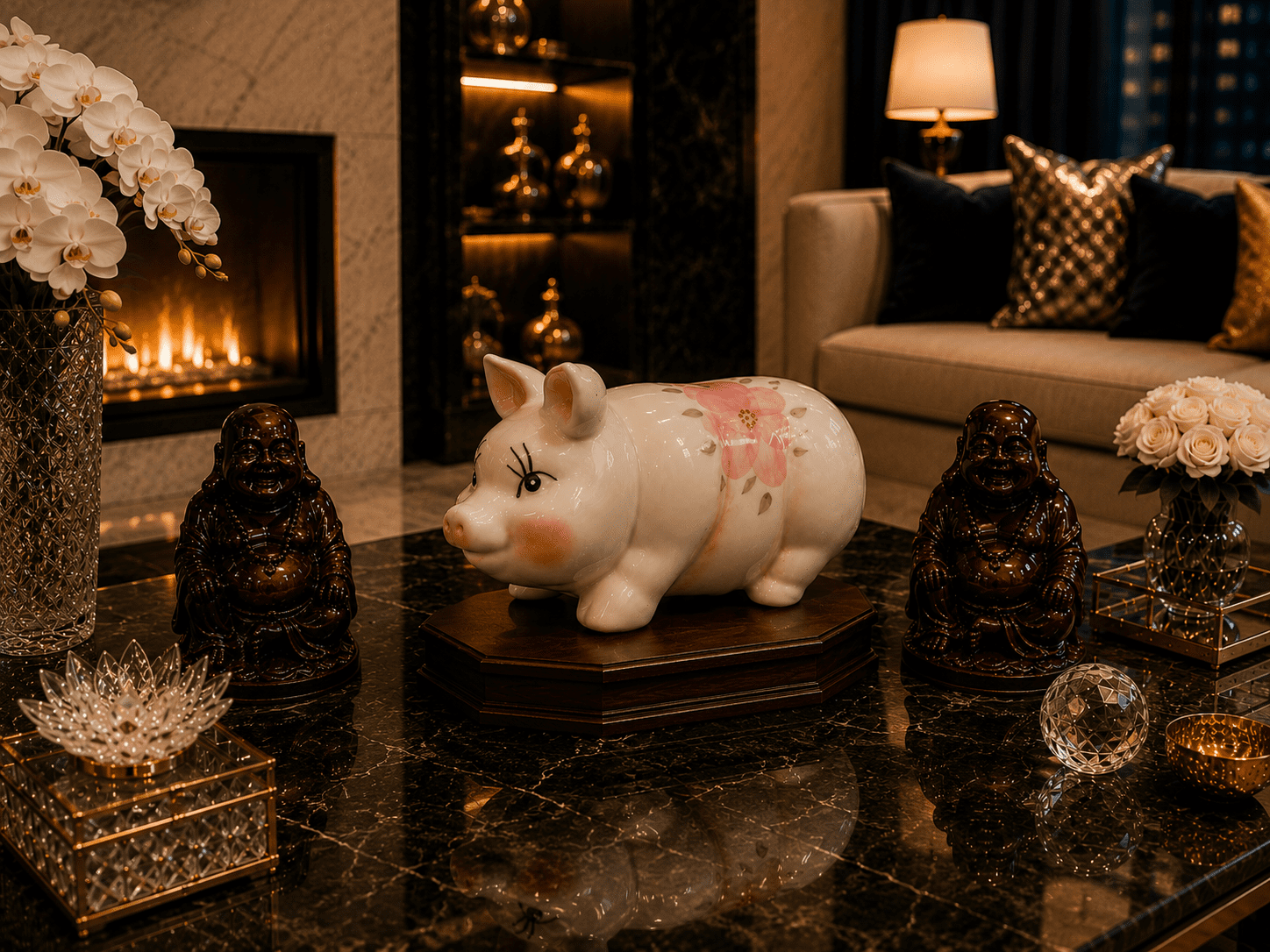 Vintage Ceramic Piggy Bank With Pink Flowers & Gold Trim - Image 3