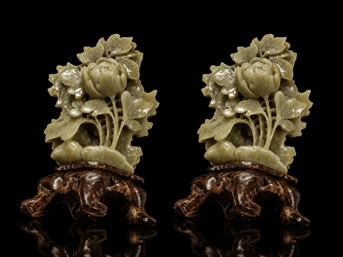 Pair of Hand-Carved Jade Soapstone Peony Flower Figurines - Image 7