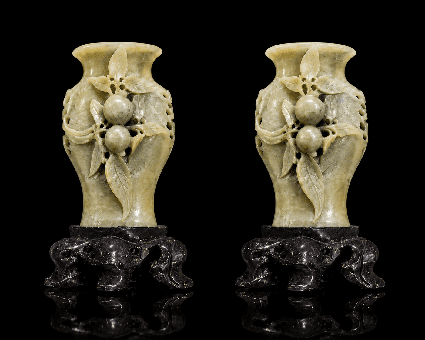 Pair Of Hand-Carved Jade Soapstone Bud Vase With Peaches Figurines - Image 7