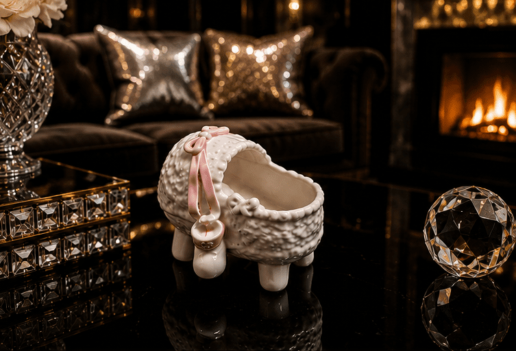Vintage Ceramic Baby Girl Bassinet Planter With Pink Ribbon & Booties - Image 4
