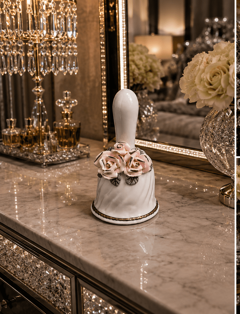 Vintage Porcelain Bell With 3D Pink Roses & Gold Trim - Image 2