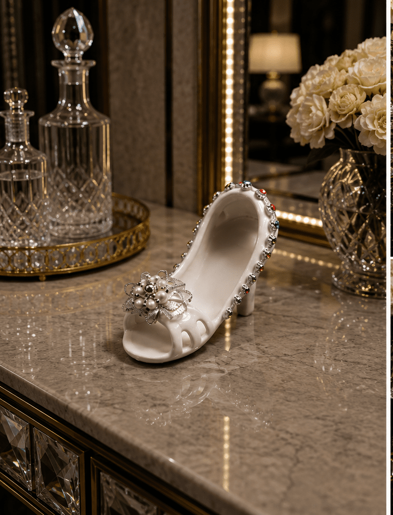 Vintage Ceramic Slipper With Rhinestones & Pearl Embellishments
