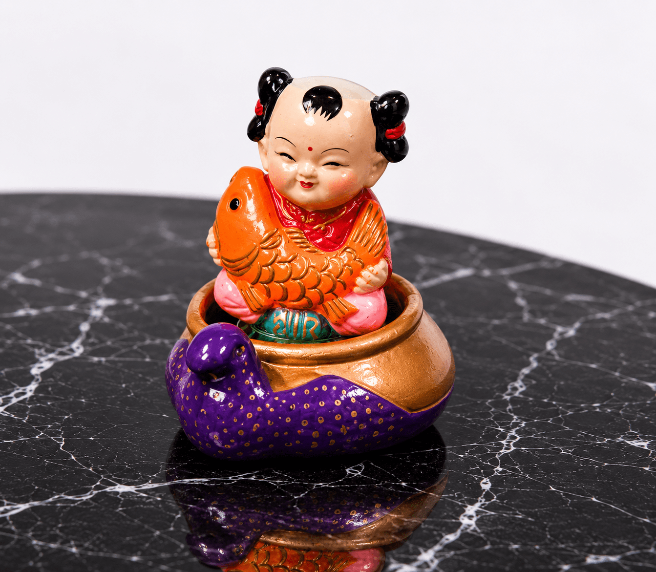 Vintage Chinese Child Holding Koi Fish Bobble Head Figurine - Image 2