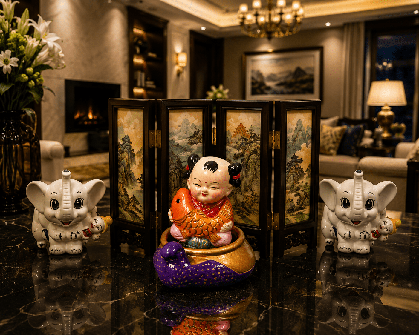 Vintage Chinese Child Holding Koi Fish Bobble Head Figurine