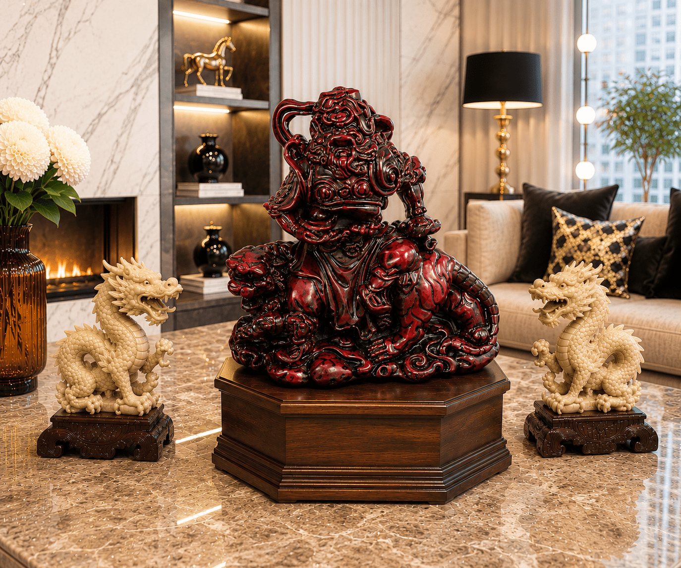 Vintage Feng Shui Zhao Gongming Riding Tiger Red Resin Figurine
