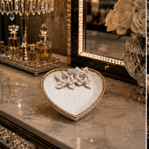 Vintage Porcelain Heart-Shaped Trinket Dish With Handcrafted Roses & Gold Leaf Accents