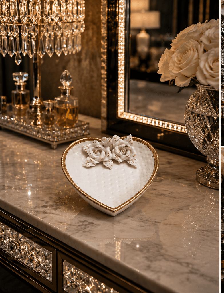 Vintage Porcelain Heart-Shaped Trinket Dish With Handcrafted Roses & Gold Leaf Accents