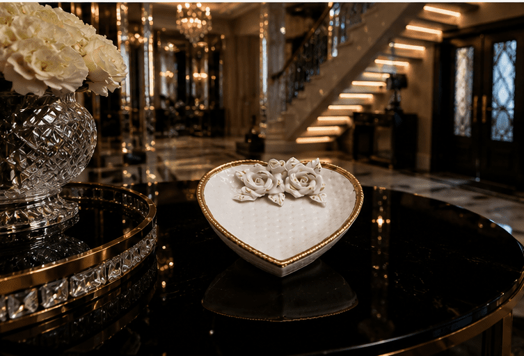 Vintage Porcelain Heart-Shaped Trinket Dish With Handcrafted Roses & Gold Leaf Accents - Image 2