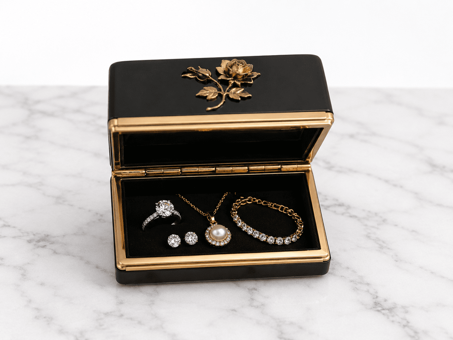 Vintage Black Enamel Pill Box With Gold Rose Motif - Image 4