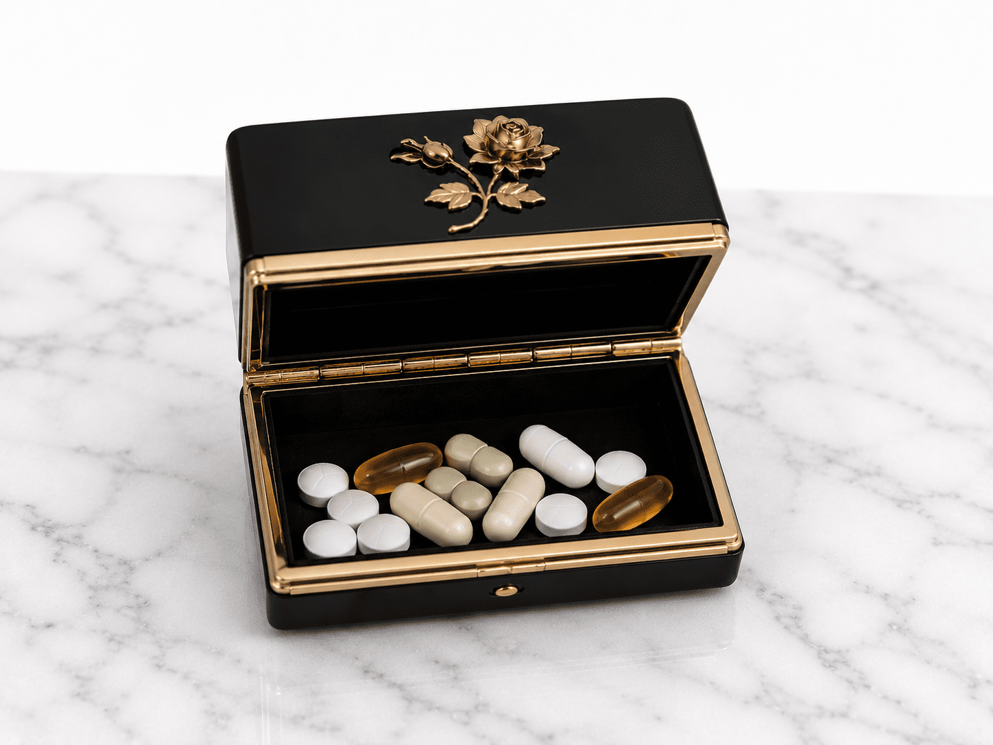 Vintage Black Enamel Pill Box With Gold Rose Motif - Image 3