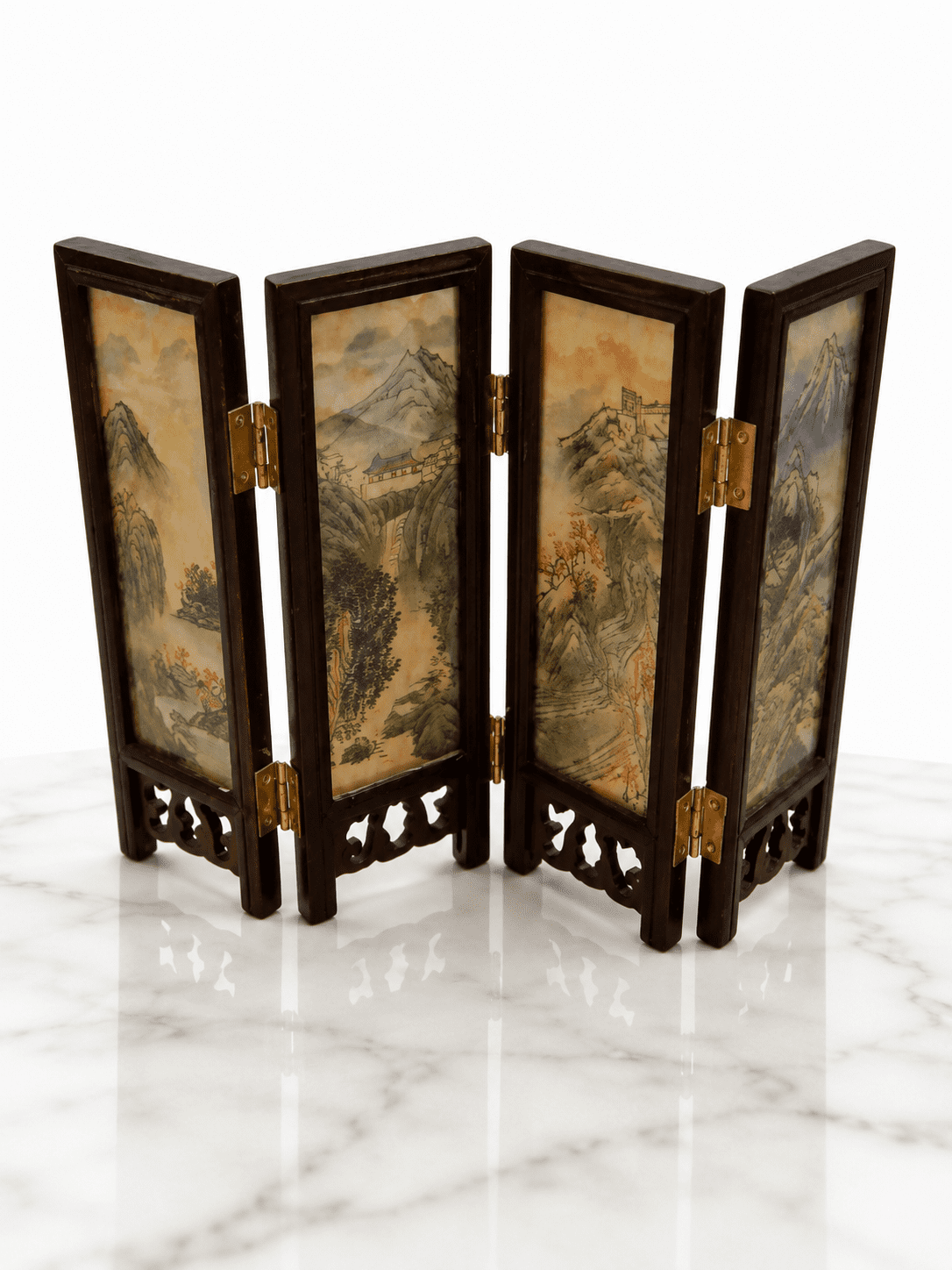 Vintage Oriental 4-Panel Hand-Painted Mini Silk Folding Screen - Image 7