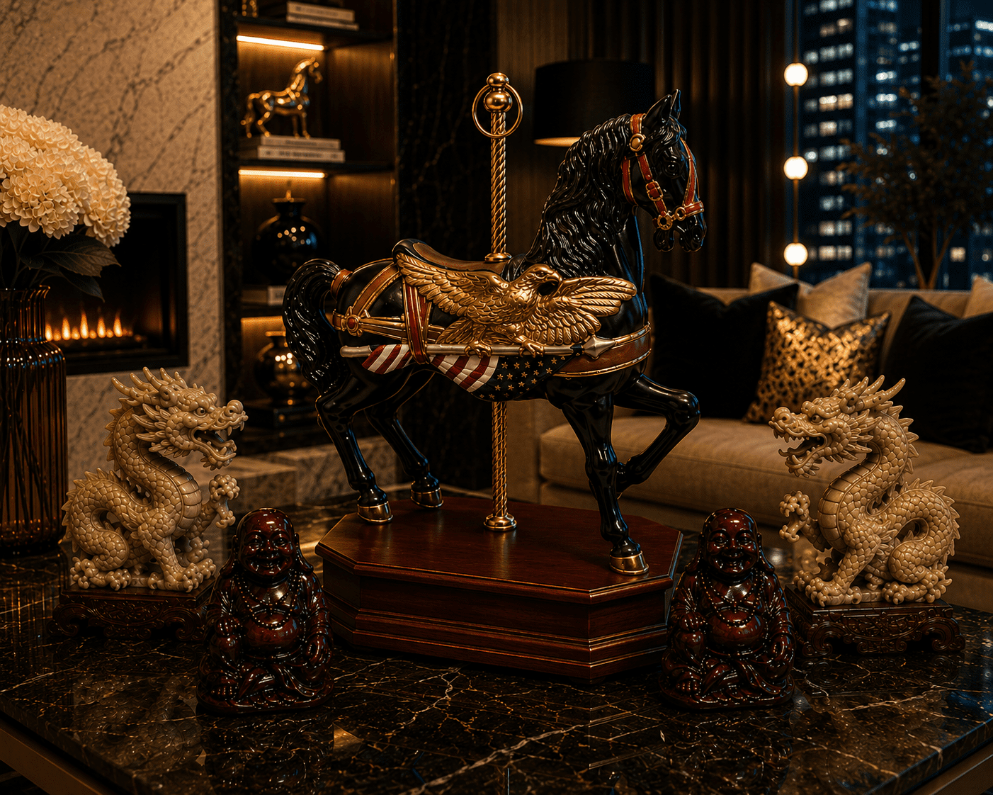 Vintage Carousel Black Horse Music Box With American Flag & Eagle - Image 4