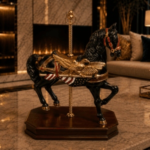 Vintage Carousel Black Horse Music Box With American Flag & Eagle