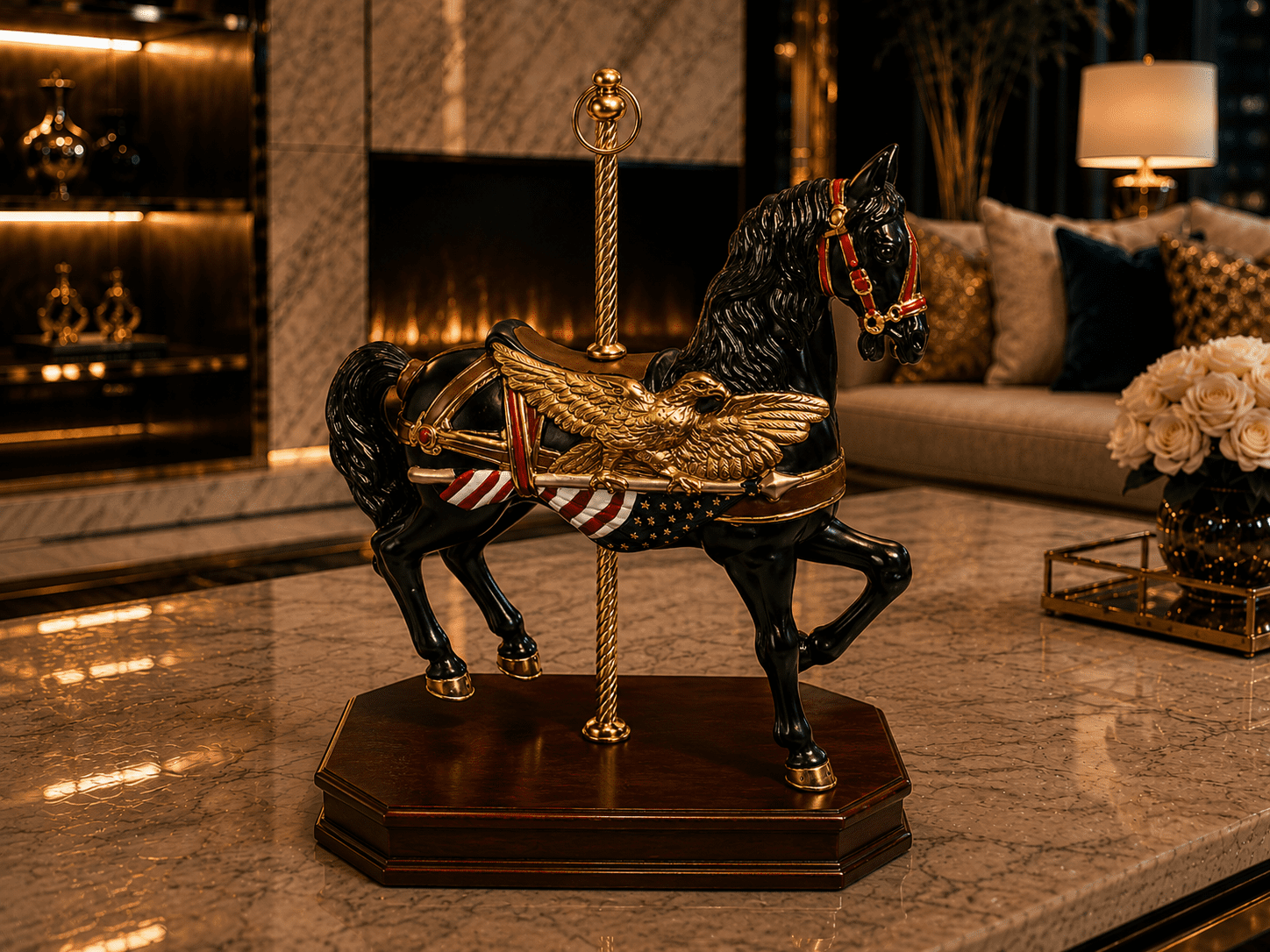 Vintage Carousel Black Horse Music Box With American Flag & Eagle