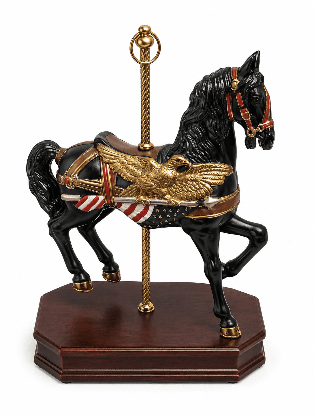 Vintage Carousel Black Horse Music Box With American Flag & Eagle - Image 7